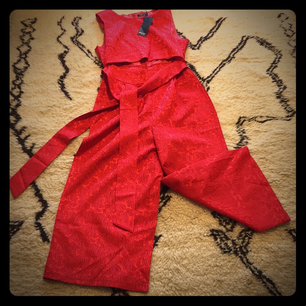 Nasty Gal red brocade sleeveless jumpsuit